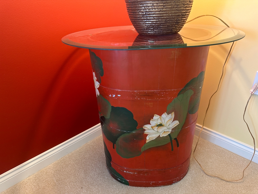 Vintage Chinese Hand Painted Red Lacquer Lotus Flowers Barrel Bucket Side Table With Glass Top 28W X 27H [Photo 1]
