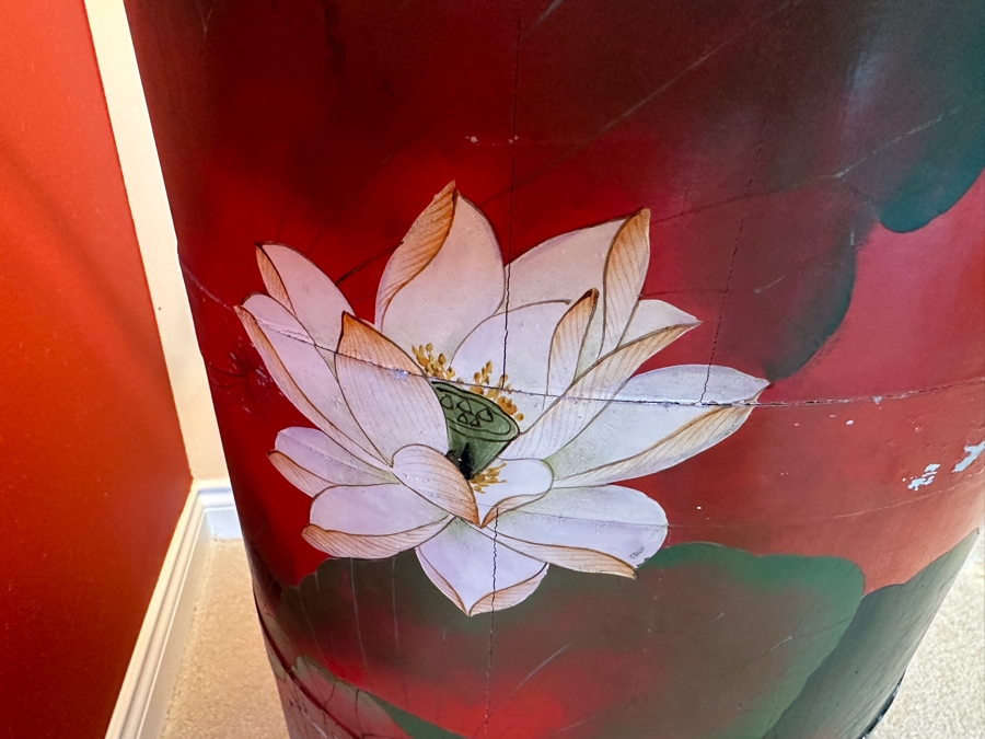 Vintage Chinese Hand Painted Red Lacquer Lotus Flowers Barrel Bucket Side Table With Glass Top 28W X 27H [Photo 5]
