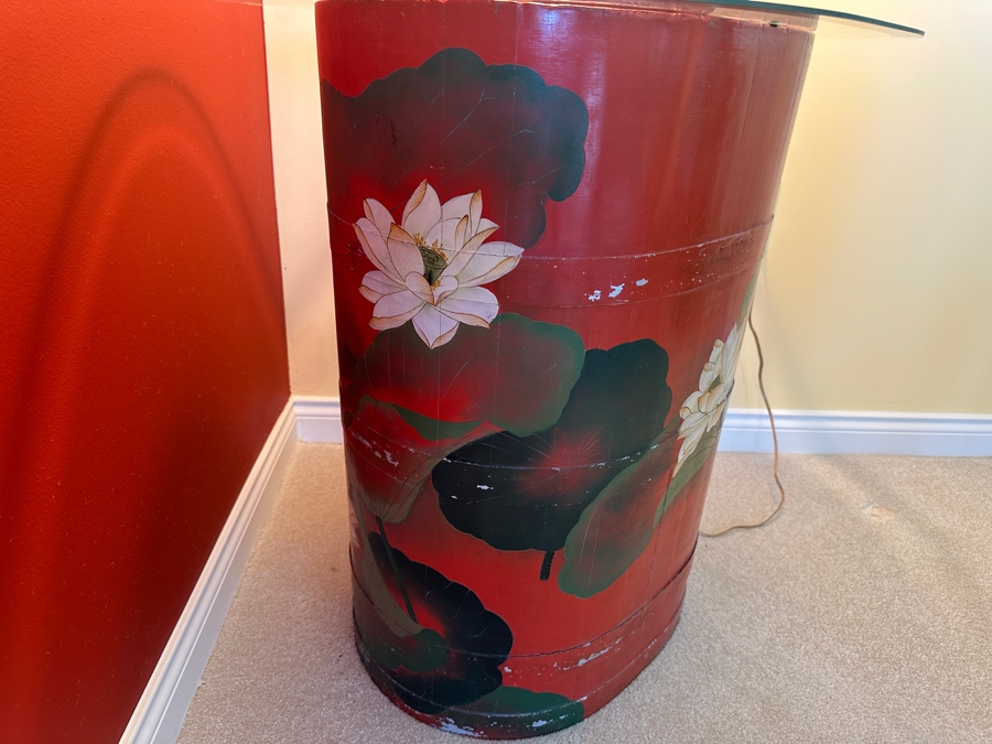 Vintage Chinese Hand Painted Red Lacquer Lotus Flowers Barrel Bucket Side Table With Glass Top 28W X 27H [Photo 4]