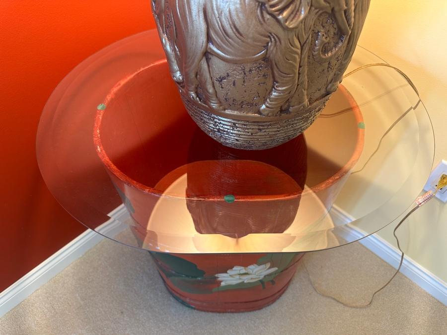 Vintage Chinese Hand Painted Red Lacquer Lotus Flowers Barrel Bucket Side Table With Glass Top 28W X 27H [Photo 6]