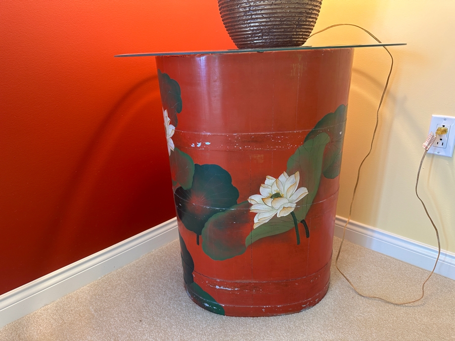 Vintage Chinese Hand Painted Red Lacquer Lotus Flowers Barrel Bucket Side Table With Glass Top 28W X 27H [Photo 2]
