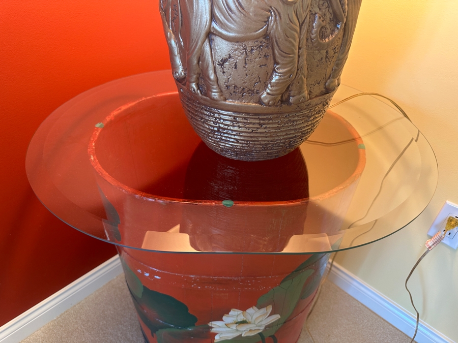 Vintage Chinese Hand Painted Red Lacquer Lotus Flowers Barrel Bucket Side Table With Glass Top 28W X 27H [Photo 7]
