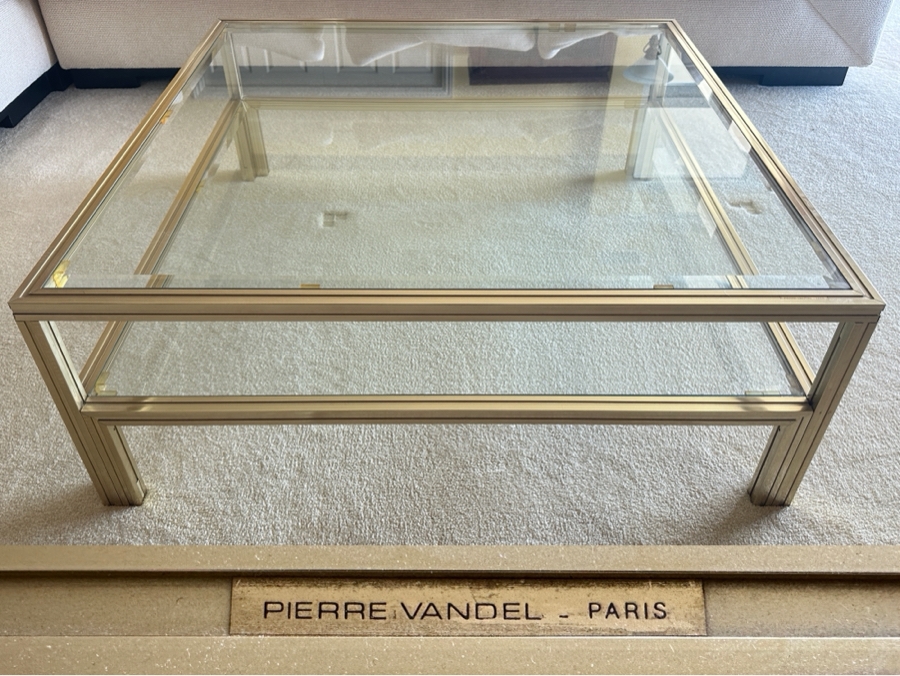 Vintage 1970s Pierre Vandel Paris France French 2-Tier Brass/Glass Coffee Table 39.5 X 39.5 X 15H [Photo 1]