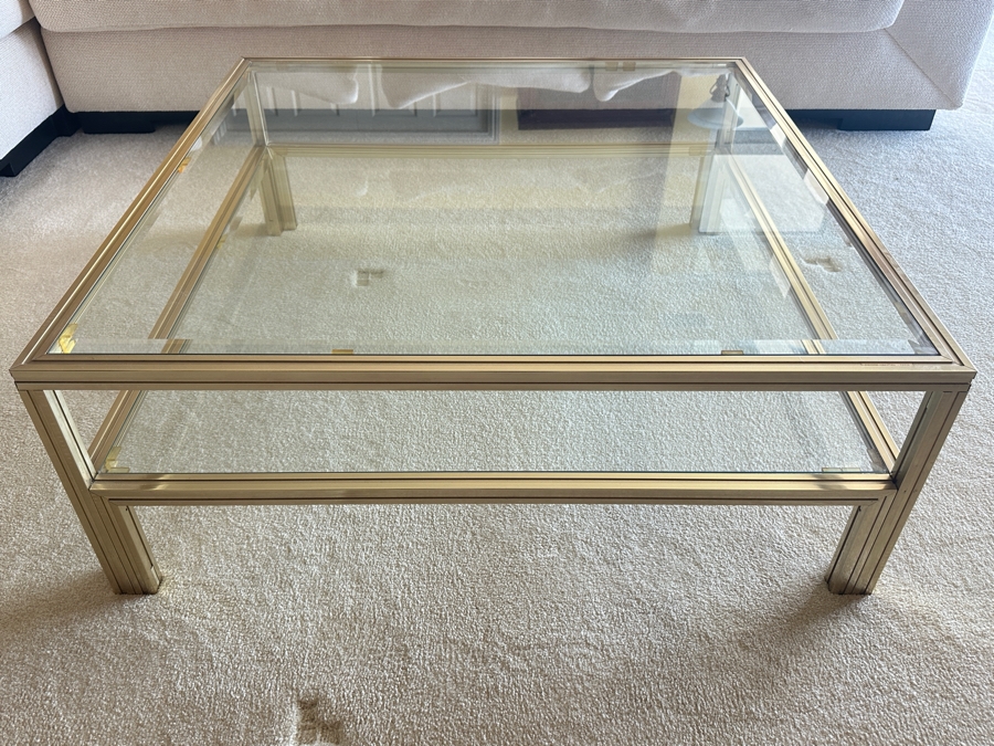 Just Added - Vintage 1970s Pierre Vandel Paris France French 2-Tier Brass/Glass Coffee Table 39.5 X 39.5 X 15H [Photo 2]
