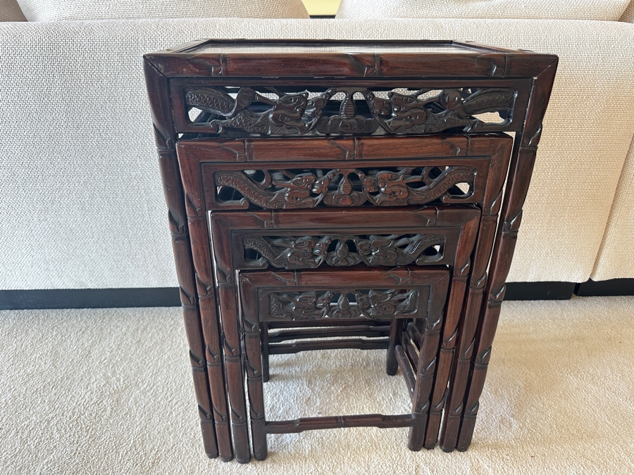 Set Of Four Vintage Chinese Nesting Tables With Dragon Bamboo Motif 19.5W X 14D X 27.5H [Photo 7]