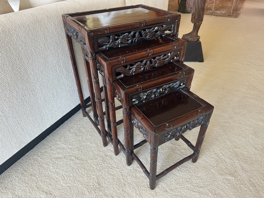Set Of Four Vintage Chinese Nesting Tables With Dragon Bamboo Motif 19.5W X 14D X 27.5H [Photo 3]