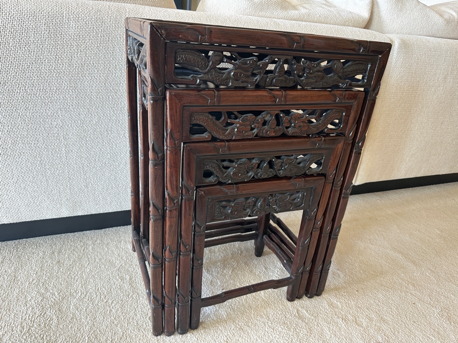 Set Of Four Vintage Chinese Nesting Tables With Dragon Bamboo Motif 19.5W X 14D X 27.5H [Photo 9]