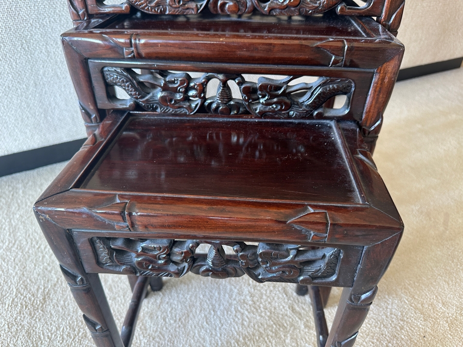 Set Of Four Vintage Chinese Nesting Tables With Dragon Bamboo Motif 19.5W X 14D X 27.5H [Photo 5]
