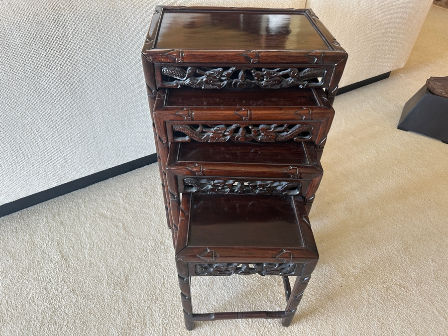 Set Of Four Vintage Chinese Nesting Tables With Dragon Bamboo Motif 19.5W X 14D X 27.5H [Photo 2]
