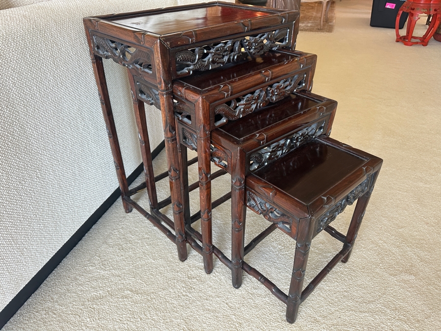 Set Of Four Vintage Chinese Nesting Tables With Dragon Bamboo Motif 19.5W X 14D X 27.5H [Photo 1]