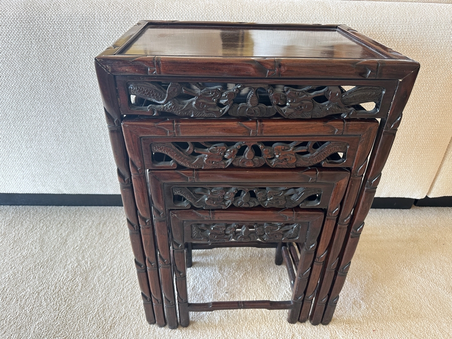 Set Of Four Vintage Chinese Nesting Tables With Dragon Bamboo Motif 19.5W X 14D X 27.5H [Photo 8]