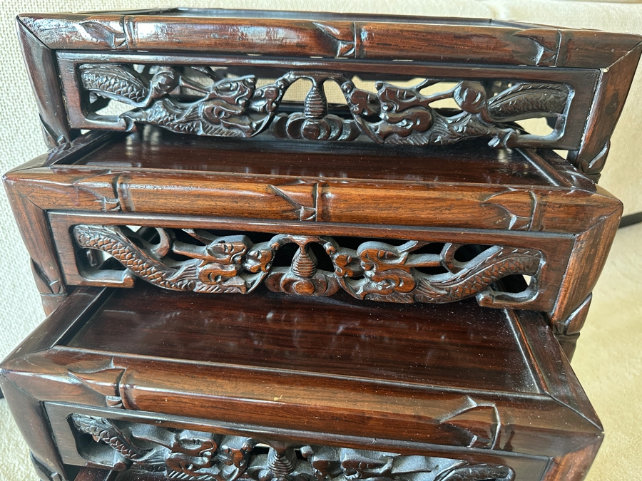 Set Of Four Vintage Chinese Nesting Tables With Dragon Bamboo Motif 19.5W X 14D X 27.5H [Photo 4]