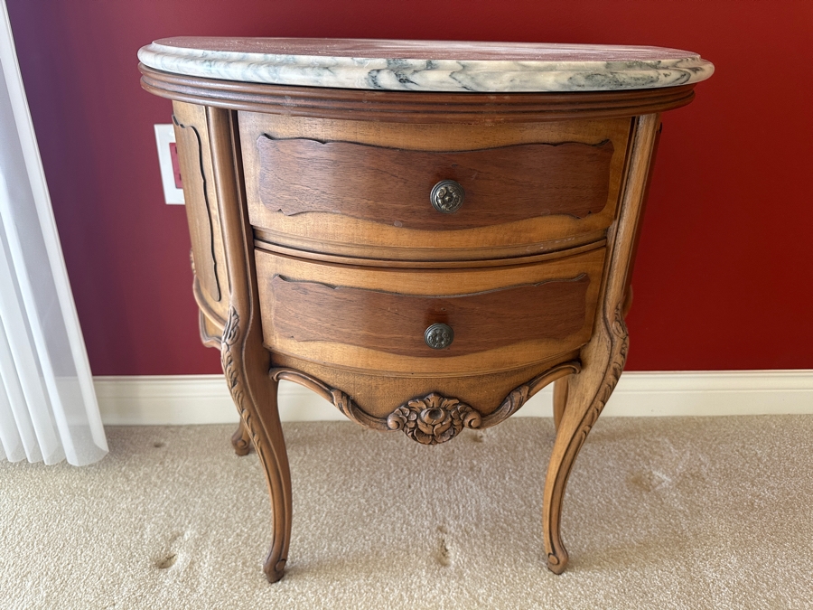 Louis XV Style Marble Top Petite Commode Side Demilune 2-Drawer Table 24W X 14D X 24.5H [Photo 3]