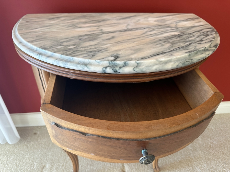 Louis XV Style Marble Top Petite Commode Side Demilune 2-Drawer Table 24W X 14D X 24.5H [Photo 5]