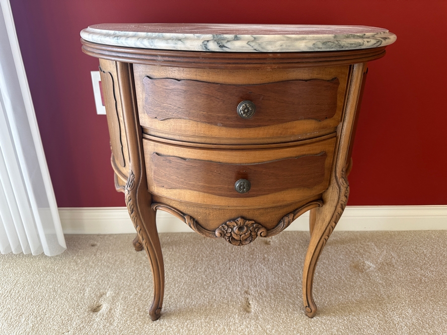 Louis XV Style Marble Top Petite Commode Side Demilune 2-Drawer Table 24W X 14D X 24.5H [Photo 1]