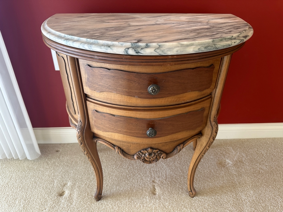 Louis XV Style Marble Top Petite Commode Side Demilune 2-Drawer Table 24W X 14D X 24.5H [Photo 2]