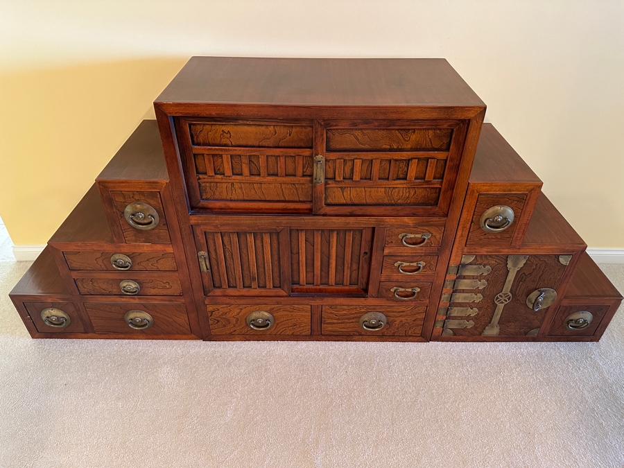 Stunning Vintage Japanese Step Tansu Chest Cabinet With Metal Hardware Two Sided 83W X 18D X 35.5H [Photo 2]