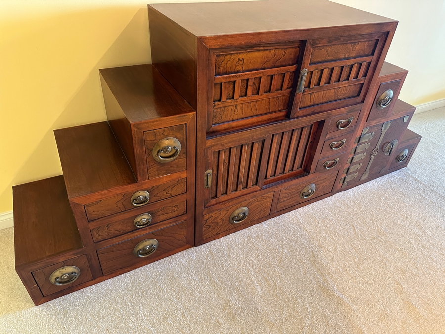 Stunning Vintage Japanese Step Tansu Chest Cabinet With Metal Hardware Two Sided 83W X 18D X 35.5H [Photo 3]