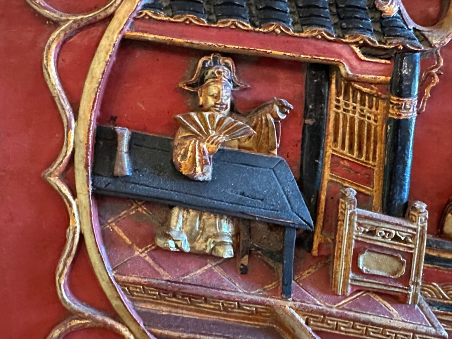 Vintage Chinese Hand Carved Gilt Wooden Red Lacquer Panel 12.5 X 11 Mounted On A Framed Acrylic Panel 23 X 21 [Photo 3]