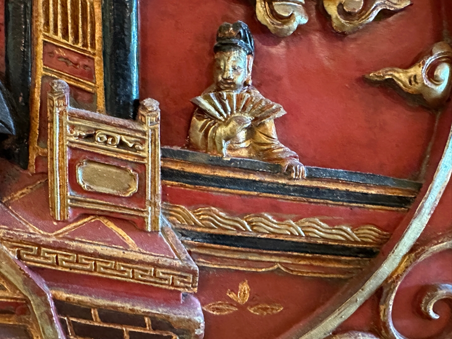 Vintage Chinese Hand Carved Gilt Wooden Red Lacquer Panel 12.5 X 11 Mounted On A Framed Acrylic Panel 23 X 21 [Photo 5]