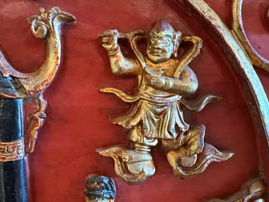 Vintage Chinese Hand Carved Gilt Wooden Red Lacquer Panel 12.5 X 11 Mounted On A Framed Acrylic Panel 23 X 21 [Photo 4]