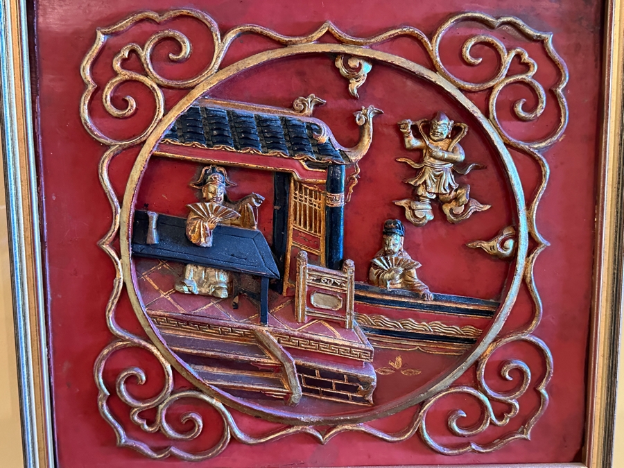 Vintage Chinese Hand Carved Gilt Wooden Red Lacquer Panel 12.5 X 11 Mounted On A Framed Acrylic Panel 23 X 21 [Photo 7]