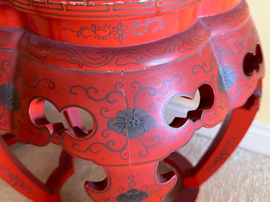Pair Of Vintage Chinese Red Lacquer Drum Stools With Applied Relief Carved Stone Figures On Top 15W X 18H [Photo 12]