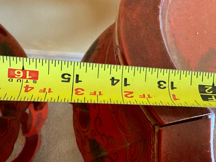 Pair Of Vintage Chinese Red Lacquer Drum Stools With Applied Relief Carved Stone Figures On Top 15W X 18H [Photo 15]
