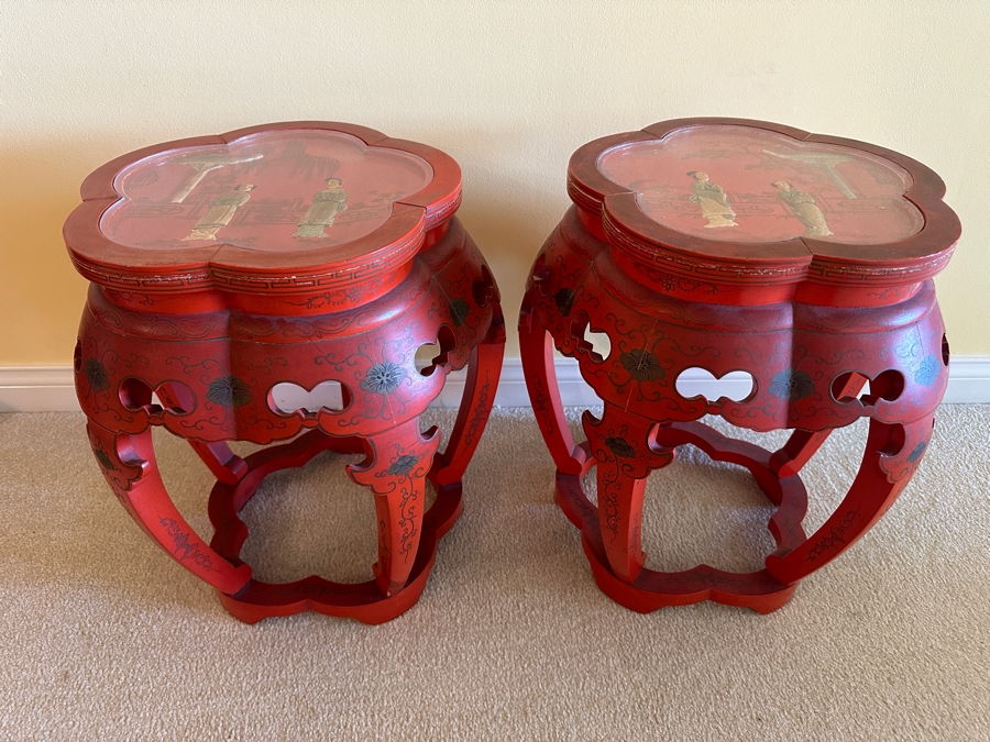Pair Of Vintage Chinese Red Lacquer Drum Stools With Applied Relief Carved Stone Figures On Top 15W X 18H [Photo 1]