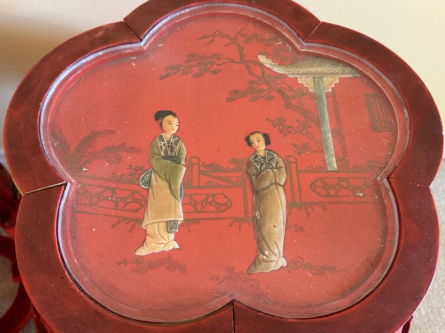 Pair Of Vintage Chinese Red Lacquer Drum Stools With Applied Relief Carved Stone Figures On Top 15W X 18H [Photo 8]