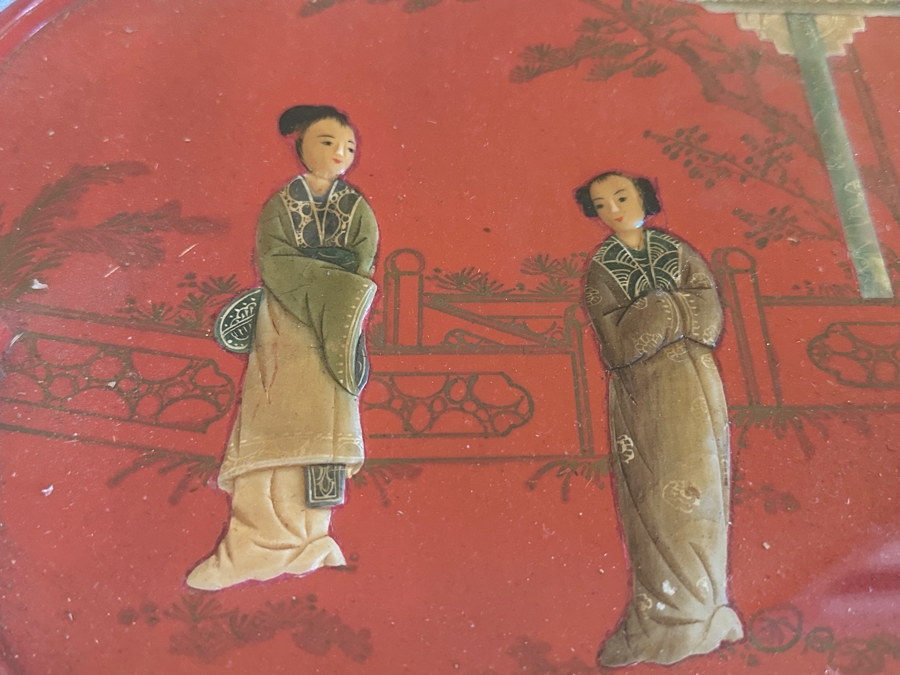 Pair Of Vintage Chinese Red Lacquer Drum Stools With Applied Relief Carved Stone Figures On Top 15W X 18H [Photo 9]