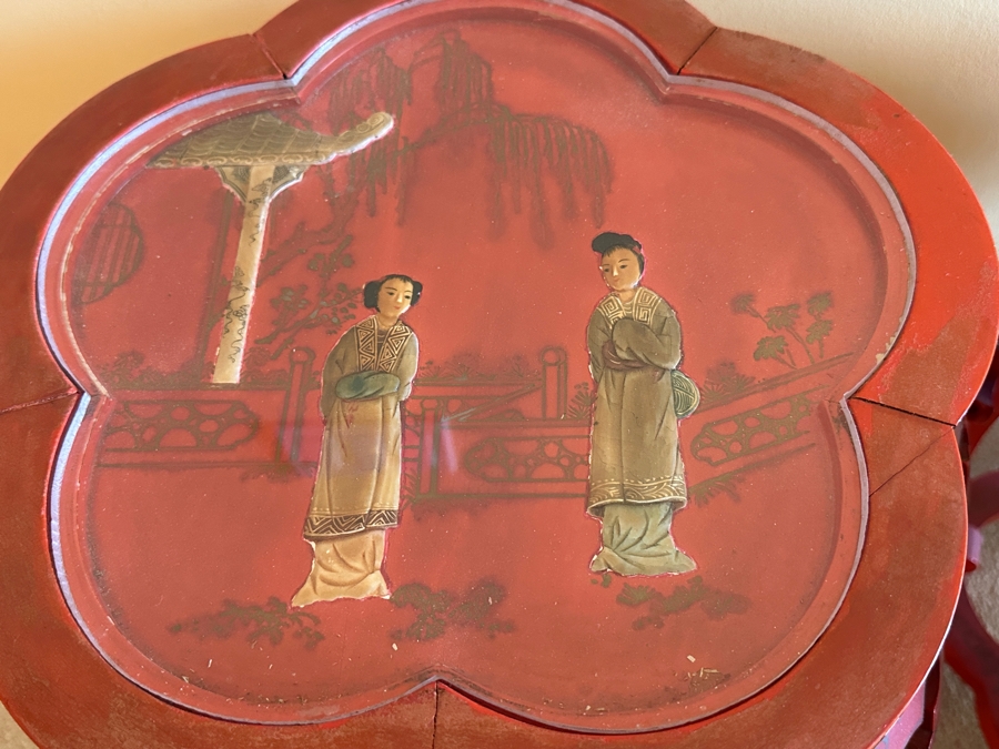 Pair Of Vintage Chinese Red Lacquer Drum Stools With Applied Relief Carved Stone Figures On Top 15W X 18H [Photo 5]