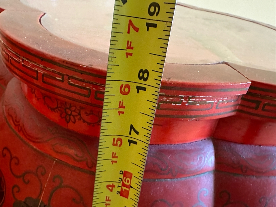 Pair Of Vintage Chinese Red Lacquer Drum Stools With Applied Relief Carved Stone Figures On Top 15W X 18H [Photo 16]