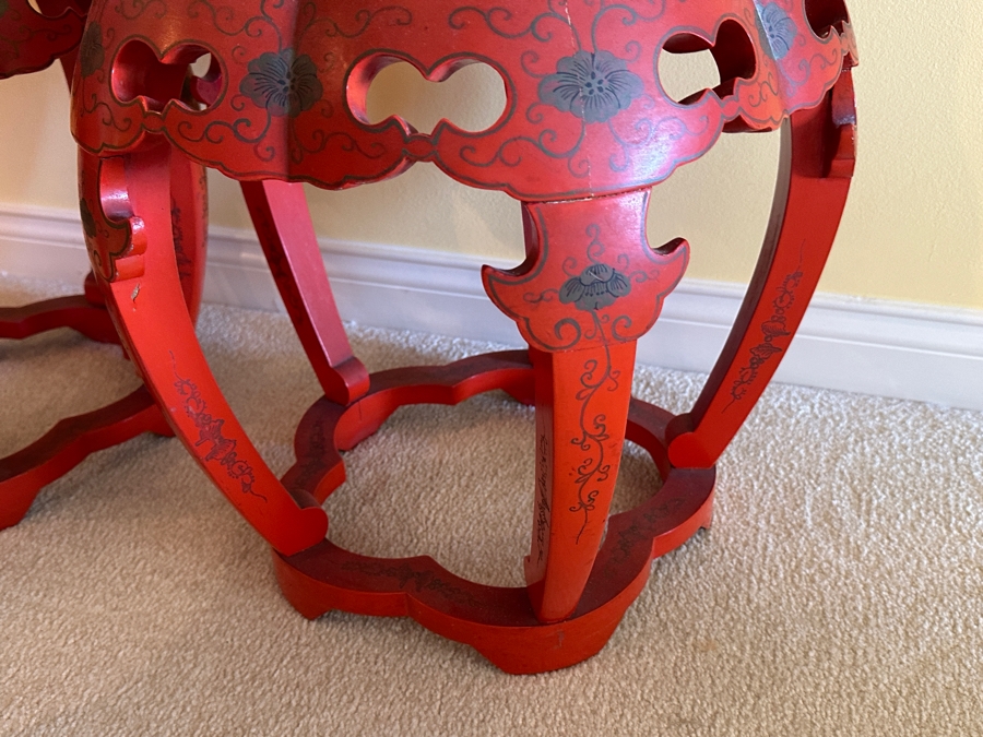Pair Of Vintage Chinese Red Lacquer Drum Stools With Applied Relief Carved Stone Figures On Top 15W X 18H [Photo 14]