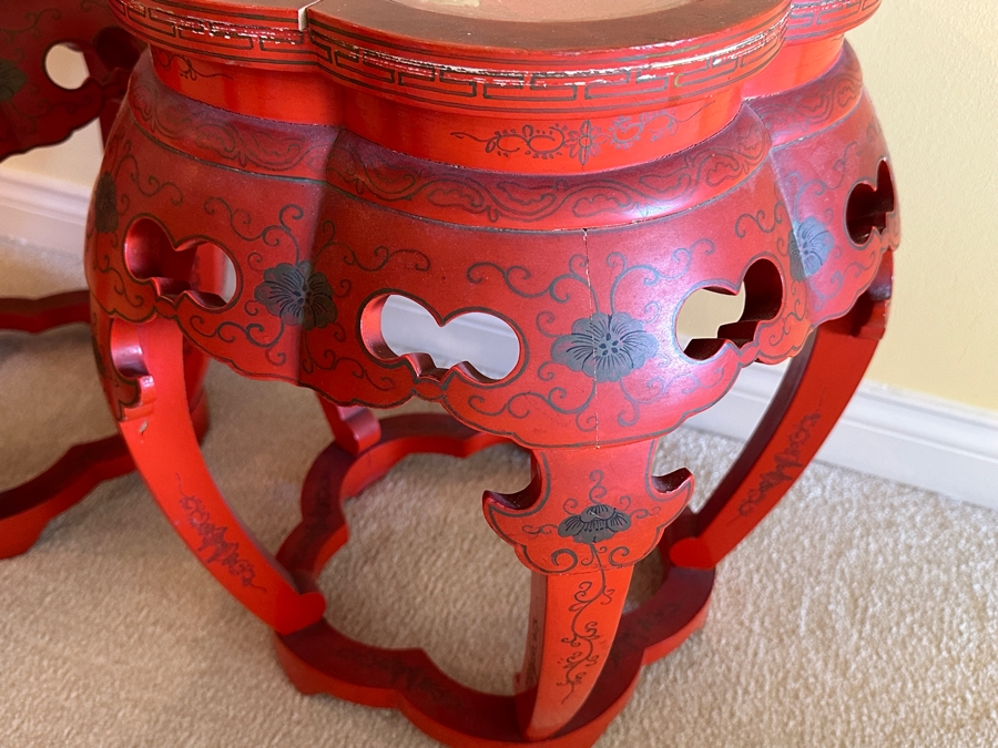 Pair Of Vintage Chinese Red Lacquer Drum Stools With Applied Relief Carved Stone Figures On Top 15W X 18H [Photo 13]