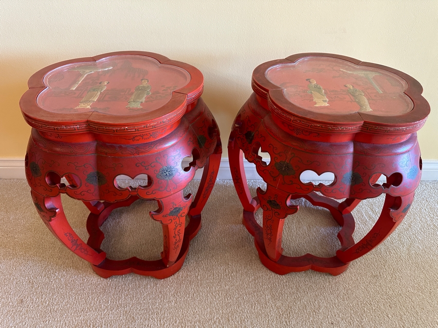Pair Of Vintage Chinese Red Lacquer Drum Stools With Applied Relief Carved Stone Figures On Top 15W X 18H [Photo 2]