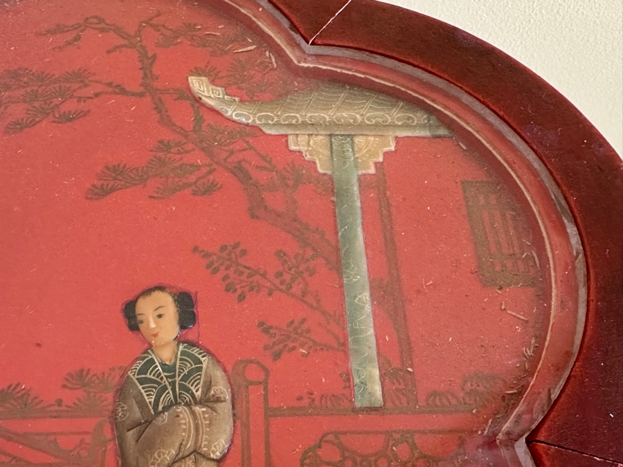 Pair Of Vintage Chinese Red Lacquer Drum Stools With Applied Relief Carved Stone Figures On Top 15W X 18H [Photo 10]