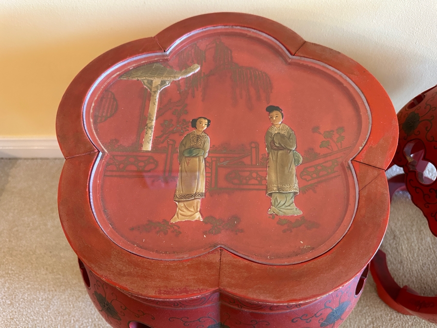 Pair Of Vintage Chinese Red Lacquer Drum Stools With Applied Relief Carved Stone Figures On Top 15W X 18H [Photo 4]