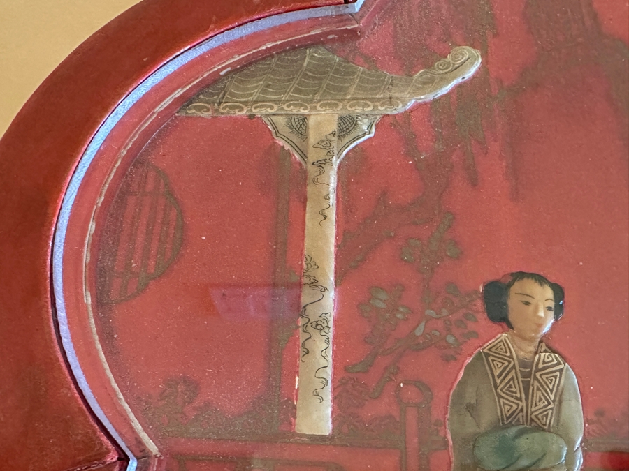 Pair Of Vintage Chinese Red Lacquer Drum Stools With Applied Relief Carved Stone Figures On Top 15W X 18H [Photo 7]