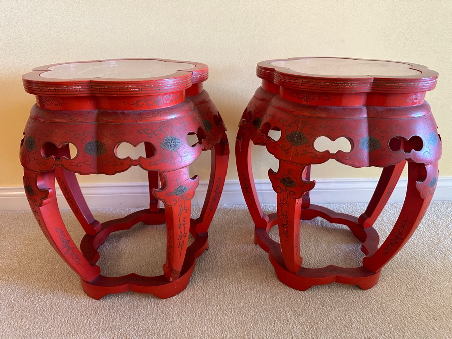 Pair Of Vintage Chinese Red Lacquer Drum Stools With Applied Relief Carved Stone Figures On Top 15W X 18H [Photo 3]