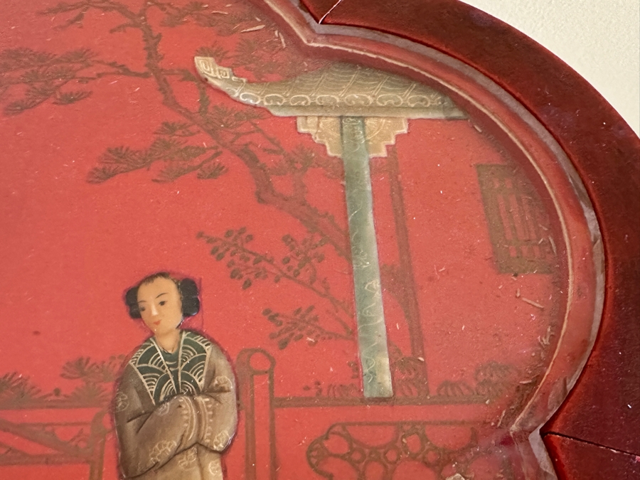 Pair Of Vintage Chinese Red Lacquer Drum Stools With Applied Relief Carved Stone Figures On Top 15W X 18H [Photo 11]