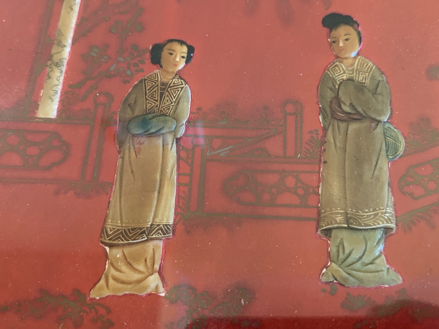 Pair Of Vintage Chinese Red Lacquer Drum Stools With Applied Relief Carved Stone Figures On Top 15W X 18H [Photo 6]