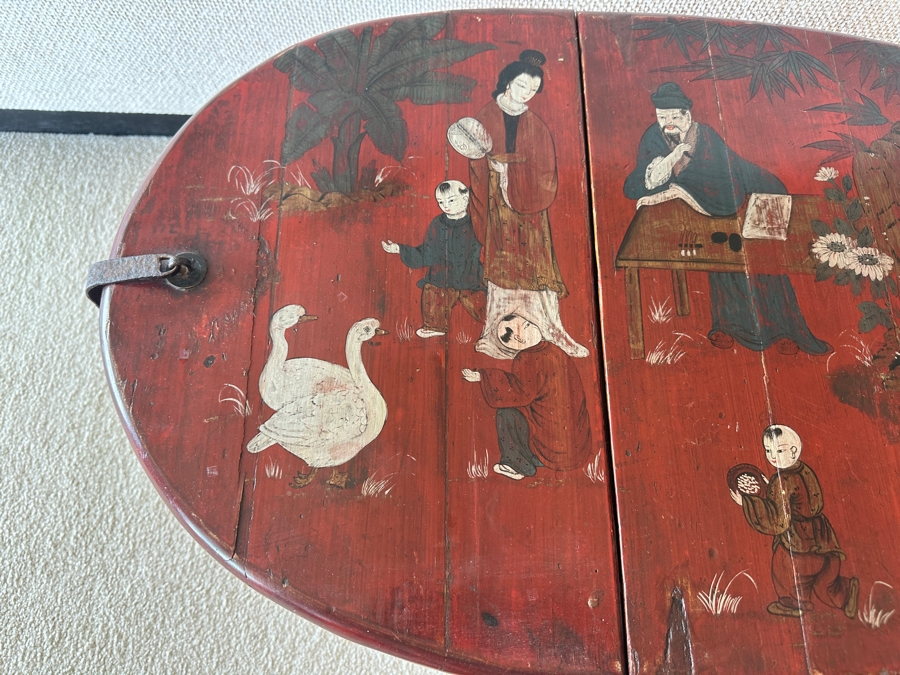 Antique Chinese Hand Painted Red Lacquer Wooden Wedding Box Basket Trunk 29W X 19D X 14.5H [Photo 5]