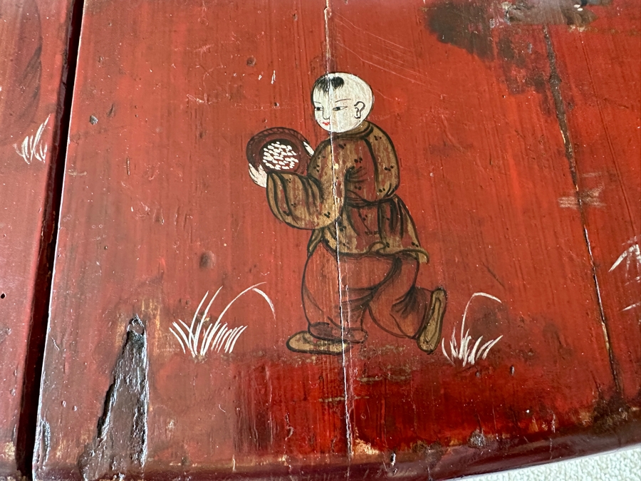 Antique Chinese Hand Painted Red Lacquer Wooden Wedding Box Basket Trunk 29W X 19D X 14.5H [Photo 7]