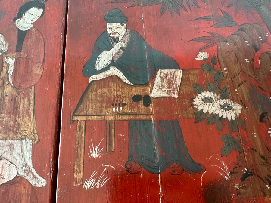 Antique Chinese Hand Painted Red Lacquer Wooden Wedding Box Basket Trunk 29W X 19D X 14.5H [Photo 8]