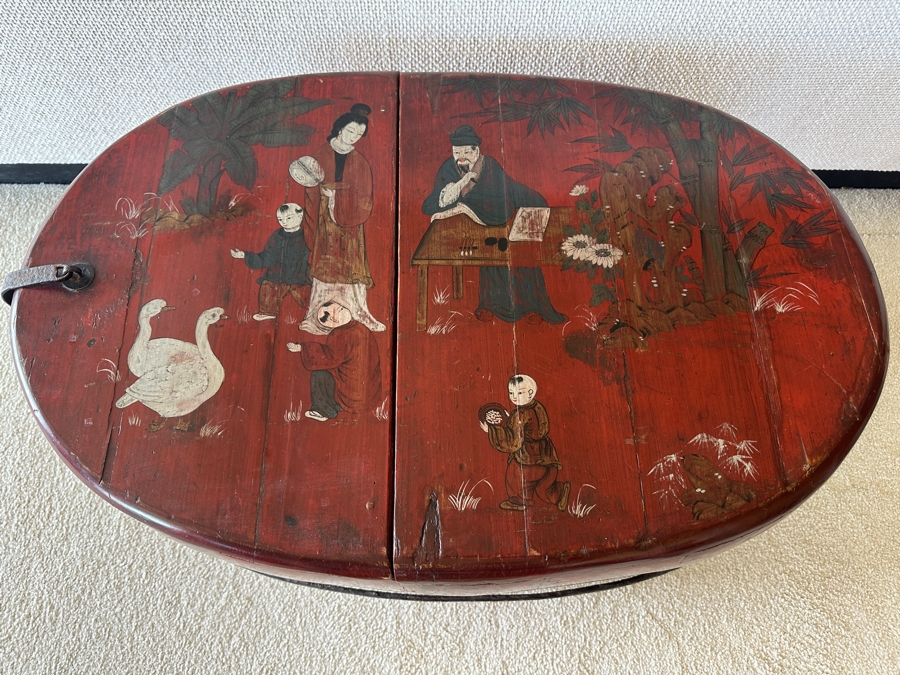 Antique Chinese Hand Painted Red Lacquer Wooden Wedding Box Basket Trunk 29W X 19D X 14.5H [Photo 4]
