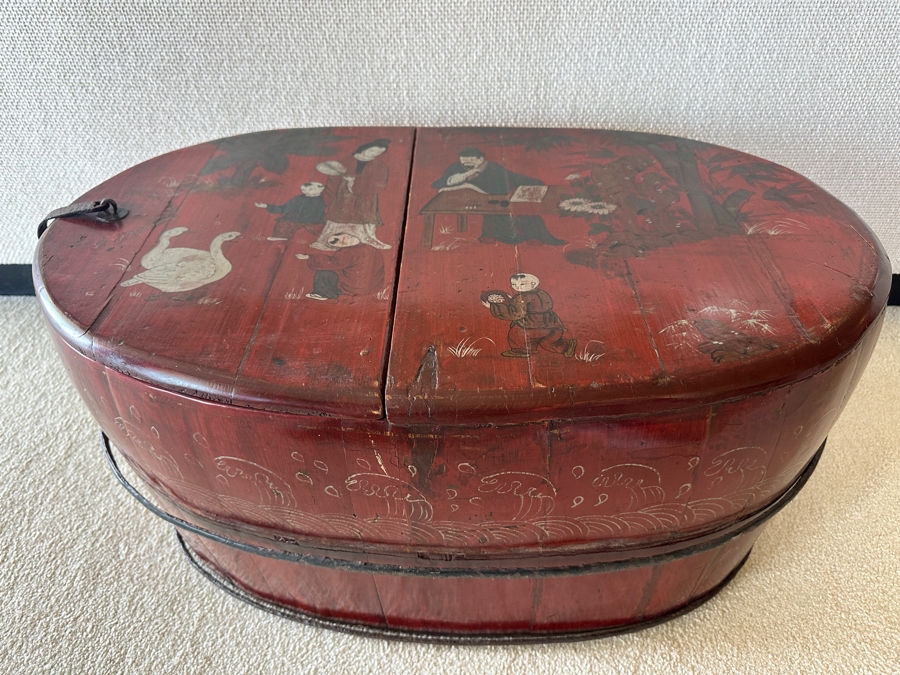 Antique Chinese Hand Painted Red Lacquer Wooden Wedding Box Basket Trunk 29W X 19D X 14.5H [Photo 1]