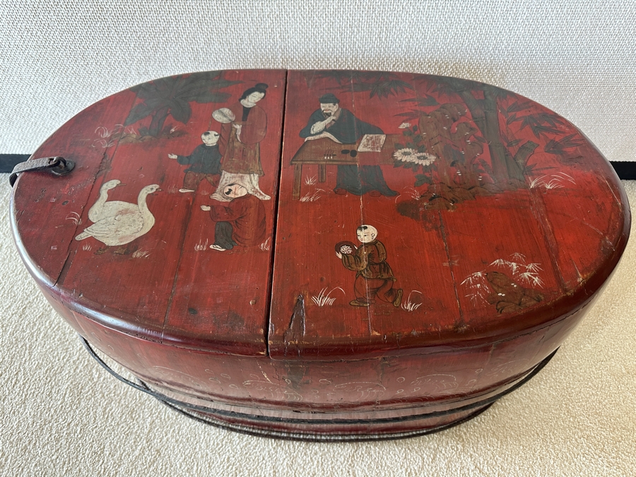 Antique Chinese Hand Painted Red Lacquer Wooden Wedding Box Basket Trunk 29W X 19D X 14.5H [Photo 2]