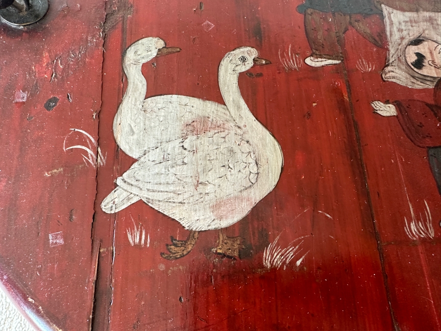 Antique Chinese Hand Painted Red Lacquer Wooden Wedding Box Basket Trunk 29W X 19D X 14.5H [Photo 11]