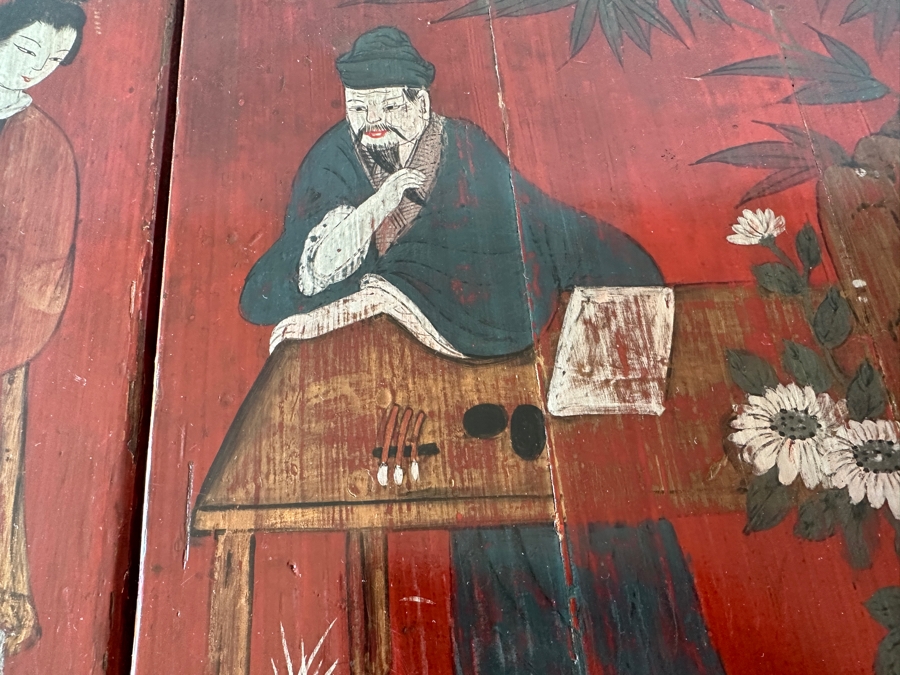 Antique Chinese Hand Painted Red Lacquer Wooden Wedding Box Basket Trunk 29W X 19D X 14.5H [Photo 9]